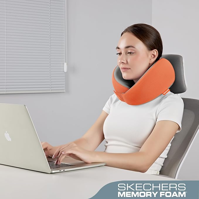 Skechers Women's Memory Foam Neck Pillow, Comfortable & Breathable Travel Pillow, Neck Pillow Airplane for Travel, Car Rides, Home, and Office Use, Ergonomic Design for Men and Women,Orange