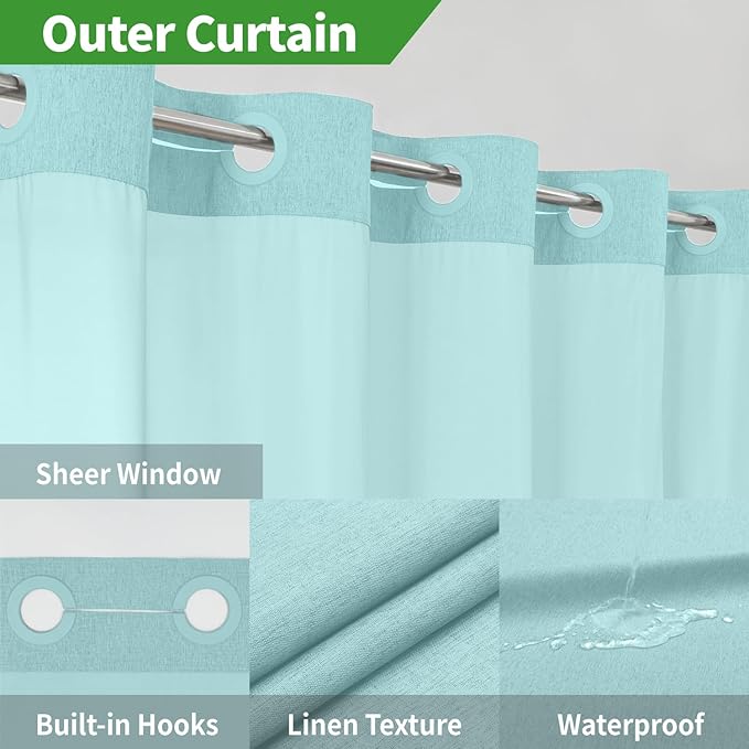 Stall No Hooks Needed Linen Textured Shower Curtain with Snap-in Fabric Liner Set,Hotel Luxury Decor Farmhouse Shower Curtains for Bathroom,Waterproof & Washable,54Wx80H,Teal