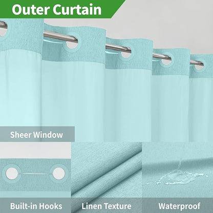 Stall No Hooks Needed Linen Textured Shower Curtain with Snap-in Fabric Liner Set,Hotel Luxury Decor Farmhouse Shower Curtains for Bathroom,Waterproof & Washable,54Wx80H,Teal
