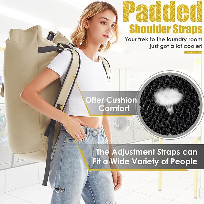 Heavy Duty Laundry Bag 115L, Sturdy Laundry Backpack Bag Extra Large, Dorm Room Essential for Guys, Khaki Laundry Bag Backpack for Camp, XL Laundromat Bags, Laundry Duffel Bag for College