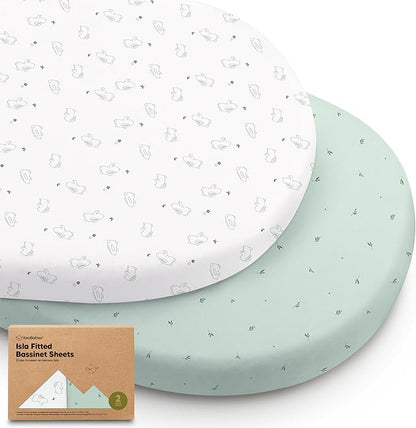2-Pack Baby Bassinet Sheets Girl, Boy - 33x17 Viscose Derived from Bamboo Bedside Mattress Fitted Bassinet Sheets, Compatible with Halo Bassinest Swivel Sleeper, Baby Delight, Graco (Bunnies)