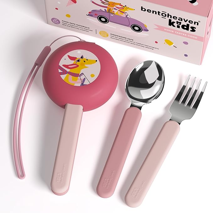 Bentoheaven Kids Travel Utensils with Case, Food-Grade Stainless Steel & BPA-Free Plastic, Travel Kid Cutlery Set, Dishwasher Safe Fork, Spoon & Case, Reusable Flatware, Silverware for Kids(Dachshund)