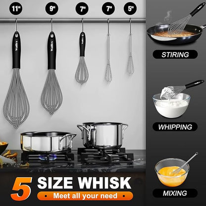 Walfos Whisk, Silicone Whisks Set of 5, Mini Stainless Steel Whisk 7in+5in and Non Scratch Coated 7+9+11in Whisks, Suitable for Blending, Whisking, Beating, Frothing & Stirring. (Grey)