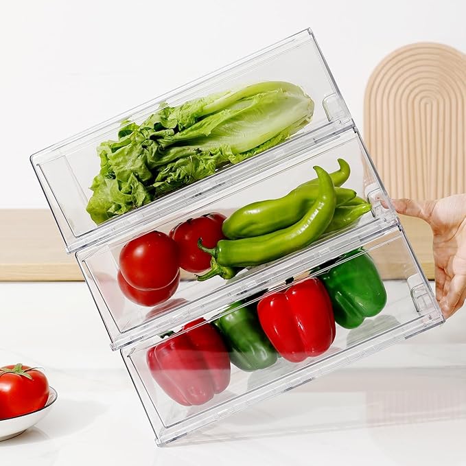 SIMPEXPE Stackable Storage Drawer, Clear Pull Out Plastic Food Fridge Organizer Bins for Home Office Pantry Shelf Organization