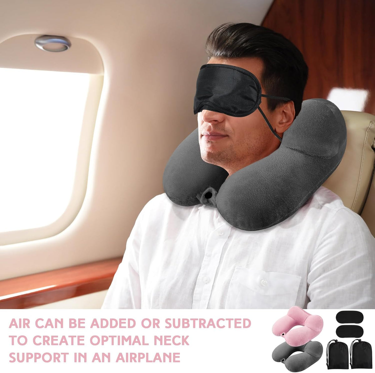 Sintuff 2 Pack Inflatable Travel Pillow for Airplanes Inflatable Neck Flight Pillows with Compact Bag and Blindfold for Traveling, Airplane, Train, Car, Office(Dark Gray and Light Pink)