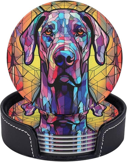 Great Dane Stained Dog Breed Glass Art Leather Drinks Coasters