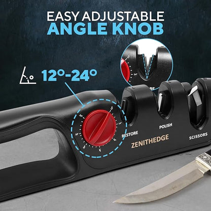 ZenithEdge® 3-in-1 Adjustable Knife Sharpener 14°-24° Angles for Kitchen, Fillet, Pocket Knives & Scissors - Tungsten Steel Ceramic Non-Slip Precision Sharpening Tool Gift