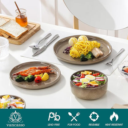 vancasso PLAYA Plates and Bowls Sets, 24 Pieces Dark Brown Dinnerware Sets