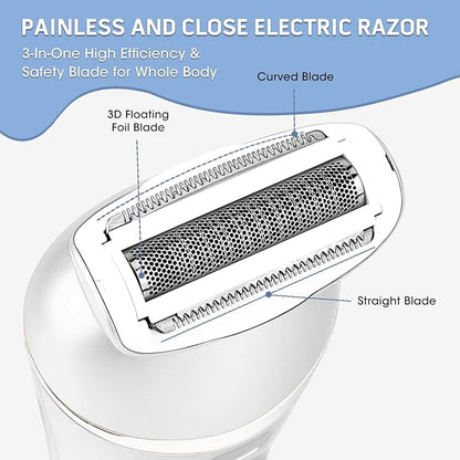 Electric Shavers for Women, 7 in 1 Hair Removal Kit with Epilator Bikini Trimmer Face Razor Body Brush Face Massager Foot Callus Remover, IPX7 Waterproof Lady Razors Set for Legs Armpit Bikini Pubic