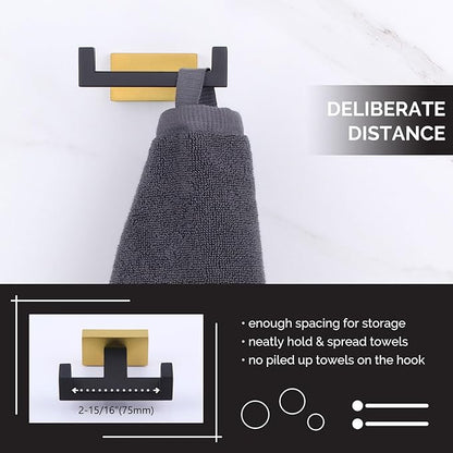 Angle Simple Towel Hook Black & Gold 2 PCS, Stainless Steel Double Hook for Bathroom, Square Robe Hook, Hand Towel Holder for Wall