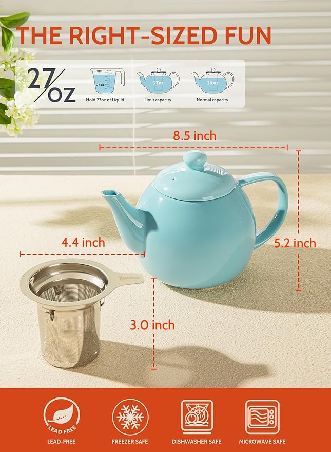 Sweese Teapot, Porcelain Tea Pot with Stainless Steel Infuser, Blooming & Loose Leaf Teapot - 27ounce, Turquoise