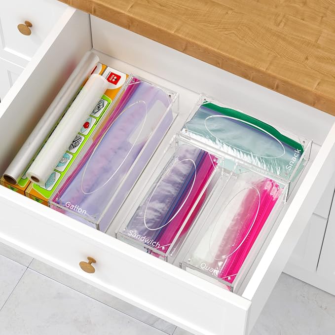 FEMELI Food Bag Storage Organizer, Acrylic Kitchen Drawer Baggie Box, Compatible with Gallon, Slider Quart, Freezer, Sandwich, Snack, Variety Size Bags, 4 separate Pack(Clear)