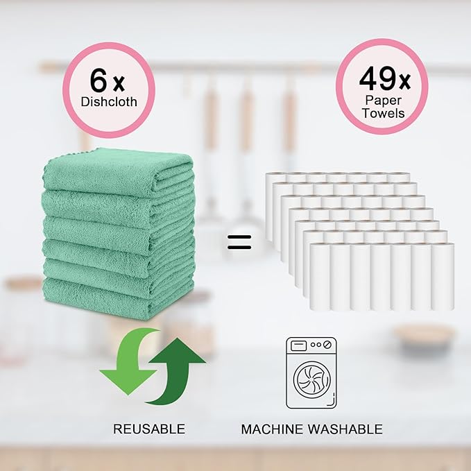 kimteny Kitchen Cloth Dish Towels, 13x28 Inches Premium Dishcloths, Super Absorbent Coral Velvet Microfiber Cleaning Cloths, Fast Drying Rags for Washing Dishes (13x28-6 Pack, Green)