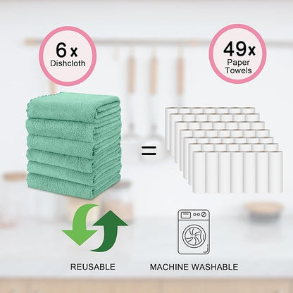kimteny Kitchen Cloth Dish Towels, 13x28 Inches Premium Dishcloths, Super Absorbent Coral Velvet Microfiber Cleaning Cloths, Fast Drying Rags for Washing Dishes (13x28-6 Pack, Green)