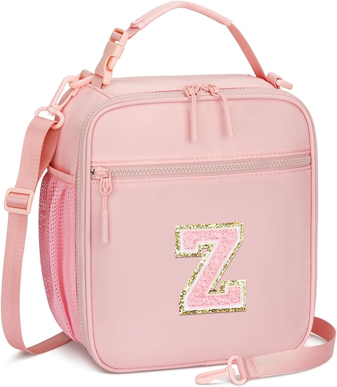Initial Insulated Lunch Bag for Girls Kids, Back to School Gift, Reusable Leak-proof Lunch Box with Adjustable Strap for School Daycare Travel Picnic (Pink,Z)