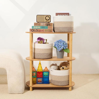 Small Basket for Organizing | Cube Shelf Closet Storage Baskets | 9.7×9.7×7.1” | Woven Rope Gift Basket | Nursery | Round 3 Packs Gradient Brown