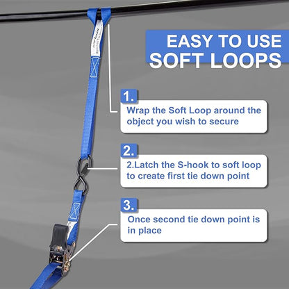 Cartman Ratchet Tie Down Straps 4PK 2,000lb Max Break Strength with Premium 1" x 15' Rachet Tie Downs with Padded Handles, 4PK 1" x 18" Soft Loop for Moving, Securing Cargo