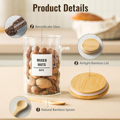 6 Pack 32oz Glass Jars with Bamboo Lids,Glass Storage Containers with Lids,Clear Airtight Food Storage Jar for Coffee,Tea,Sugar,Flour,includes 168 Pantry Labels & Spoons,3mm Thick Canisters