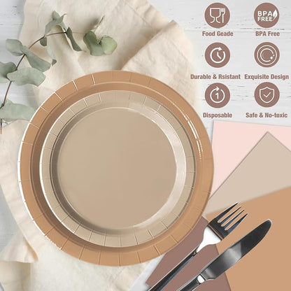 Oigco 60 PCS Brown Paper Plates Boho Baby Shower Decorations Gradient Brown