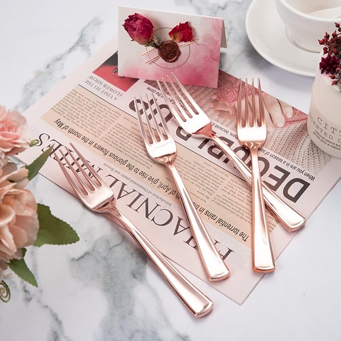Liacere 200 Pack Rose Gold Disposable Forks - 7.4 Inch Heavy Duty Plastic - Rose Gold Silverware for Catering, Parties, Dinners, Weddings & Mother's Day