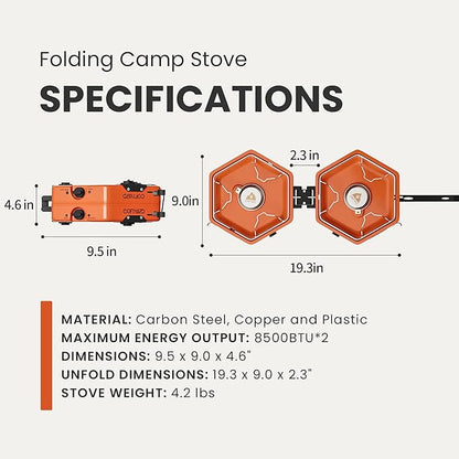 Propane 2 Burner Camping Stove with Carrying Bag, Portable Folding Gas Stove for Camping, Backpacking Camp Stove for Outdoor Cooking, With 17,000 BTU Adjustable Burners for BBQ, Tailgating