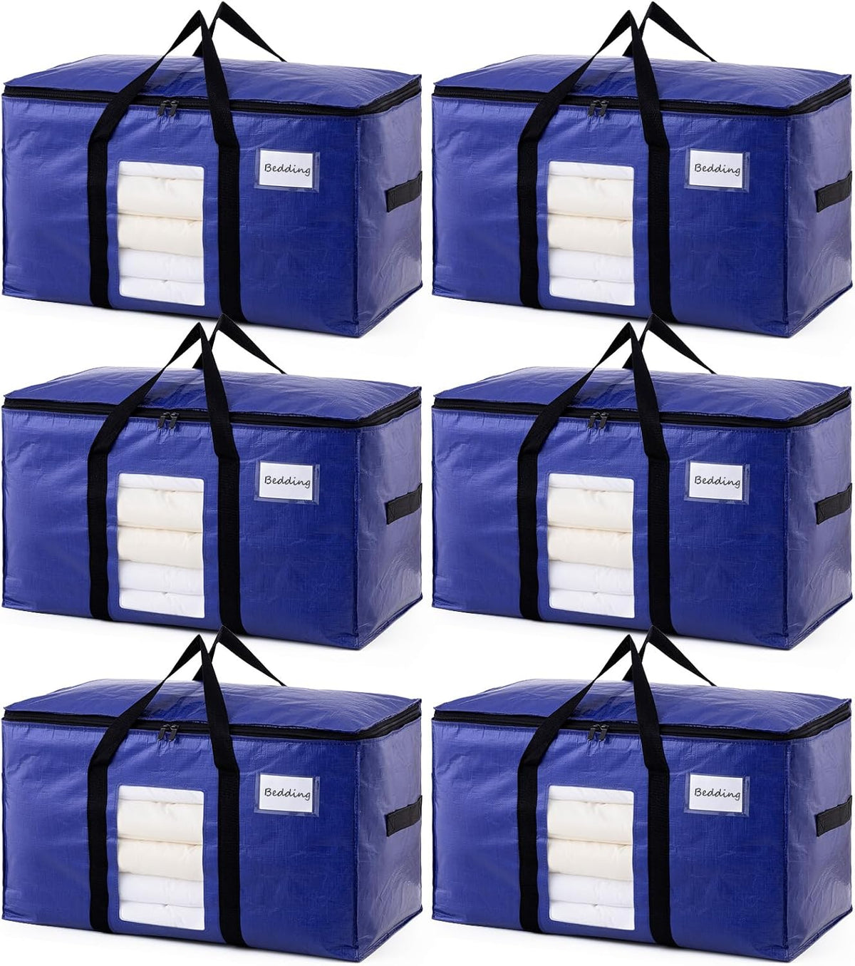 TAILI 6 Pack Dark Blue Extra Large Storage Bags, Heavy Duty Totes with Visible Window, Wrap Around Handles, Perfect for Moving
