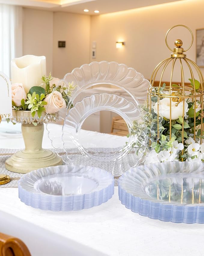 YOUBET 100PCS Clear Scalloped Plastic Plates