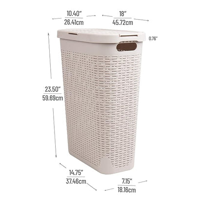 Mind Reader Slim Laundry Hamper with Lid, 40L Clothes Basket, Premium Wicker Design, Plastic, Set of 2, Ivory