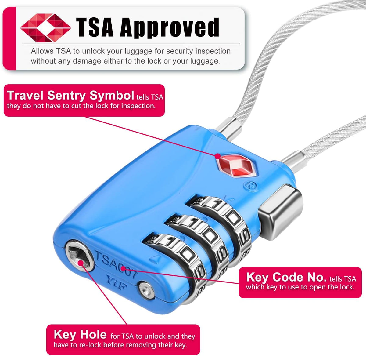 ZHEGE TSA Cable Luggage Lock 3 Digit Combination Padlock with Alloy Body for Suitcase, Baggage, Backpack, Pistol Case (2 Pack, Blue)