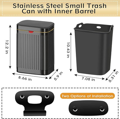 GloDeals Kitchen Hanging Trash Can with Lid, 2.1Gal/ 8L Stainless Steel Trash Can Compost Bin Counter Top, Wall-Mount Indoor Kitchen Trash Bin for Cabinet, Under Sink, Bathroom (Black)