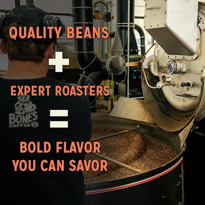 Bones Coffee Company Dragon's Lair, Smokey, Cacao and Caramelized Sugar Notes, Unflavored Coffee, Medium Roast Low Acid Arabica Beans Compatible with Auto drip and French Press Coffee Maker, 12 Oz Ground