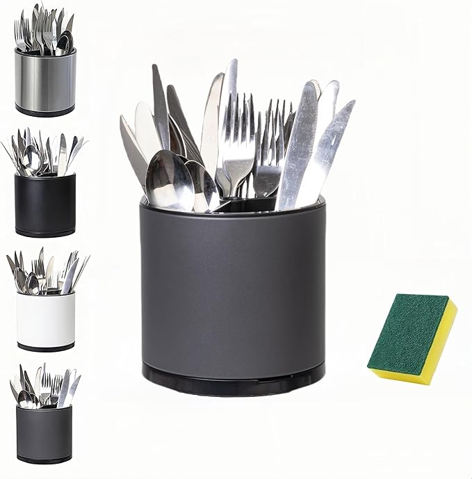 Utensil Holder,360°Rotating Kitchen Utensil Holder For Counter,Cooking Silverware Organizer Stainless Steel Caddy Flatware Spoon Spatula Tool Cutlery Container