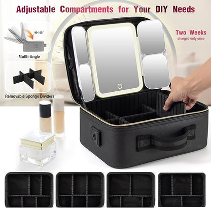 Mid-Size Makeup Bag with LED 1X5X10X20X30X Magnifying Mirror and Travel Makeup Train Case Cosmetic Organiser with Mirror and Separate Makeup Brush Panel, Portable Adjustable Divider, Black