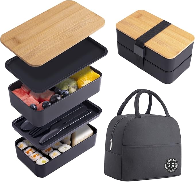 Japanese Bamboo Bento Box with Compartments and Utensils Stackable Lunch Box Includes Lunch Bag for Meal Prep Black