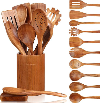 12 Piece Wooden Spoons for Cooking, Wooden Utensils for Cooking with Utensils Holder, Natural Teak Wooden Kitchen Utensils Set with Wooden Spoon Rest, Comfort Grip