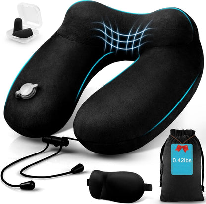 urophylla Inflatable Travel Neck Pillow for Airplanes, Super Soft Velvet Neck Support, Adjustable Firmness, Blow Up Plane Pillow for Long Flights, Road Trips, Travel Essentials with Eye Mask, Earplug