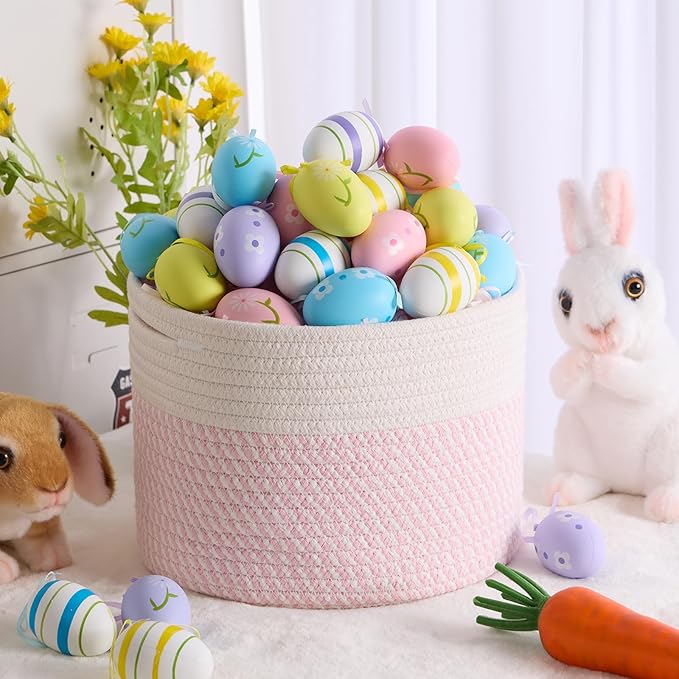 Small Basket for Organizing | Cube Shelf Closet Storage Baskets | 9.7×9.7×7.1” | Woven Rope Gift Basket | Nursery | Round 3 Packs Pink