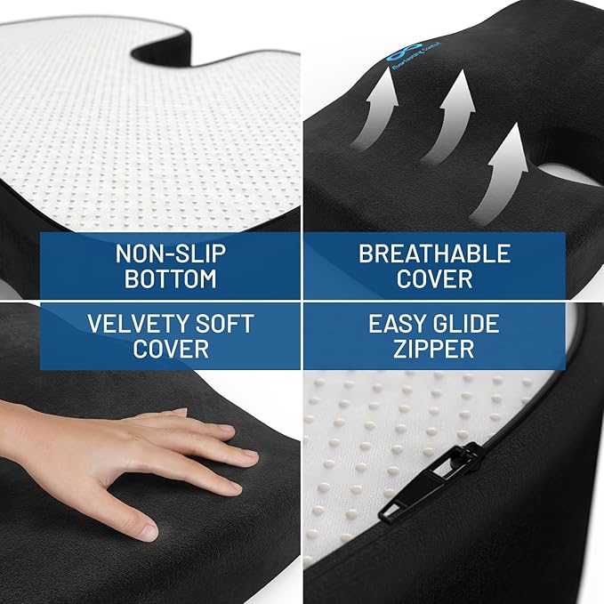 Everlasting Comfort Doctor Recommended Memory Foam Seat Cushion for Office Chairs & Car Seat - Ergonomic Office Desk Accessories for Tailbone Pain Relief, Sciatica & Back Support
