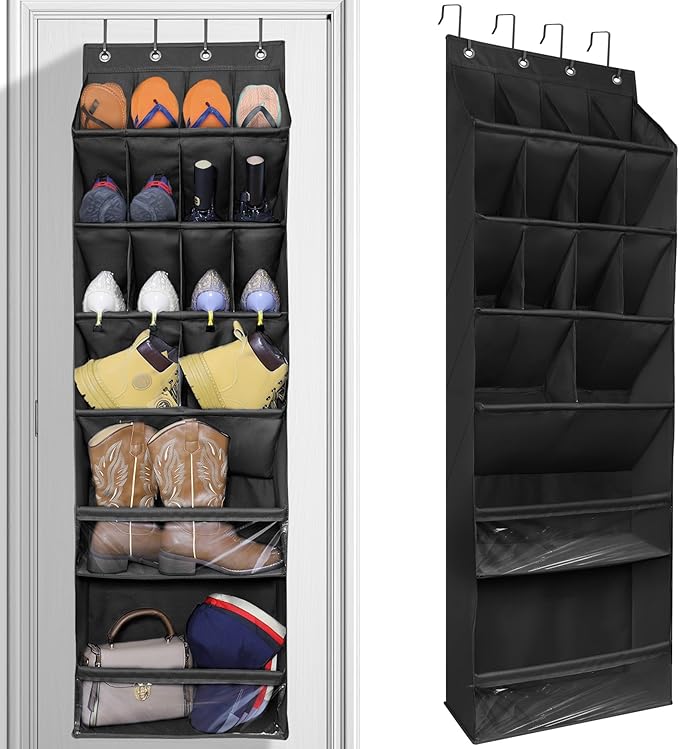 Over The Door Shoe Organizer with Large Deep Pockets Door Shoe Rack for Narrow Door Hanging Multifunction Shoe Holder for Dorm Closet Door, Black 16 Pockets