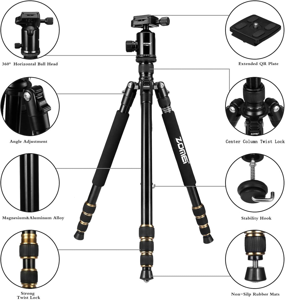 ZOMEI Z688 Travel Camera Tripod Aluminum Alloy Portable Monopod with Ball Head ann Carrying Bag for Canon Nikon Sony DSLR Camera