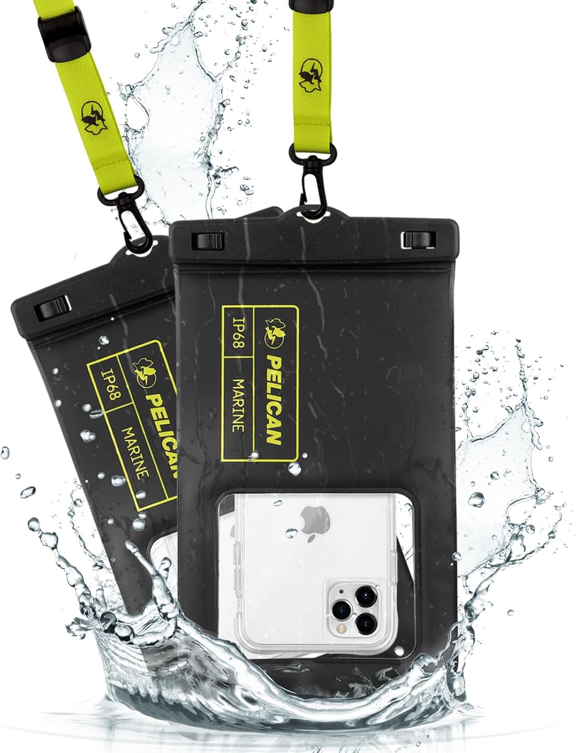 Pelican 2 Pack Marine - IP68 Waterproof Phone Pouch (XL Size) Floating Waterproof Phone Case - Beach Cruise Ship Travel Essentials - Works with All Phones - Detachable Lanyard - Black/Hi-Vis Yellow