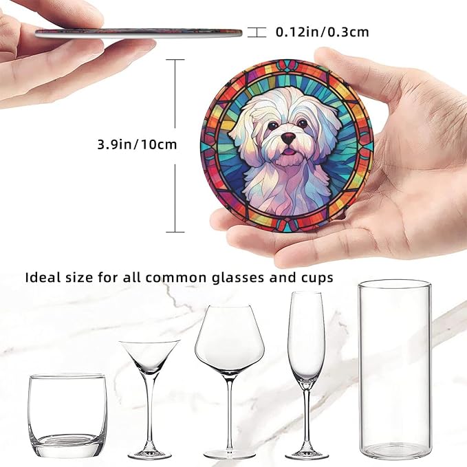 Maltese Stained Dog Breed Glass Art Leather Drinks Coasters