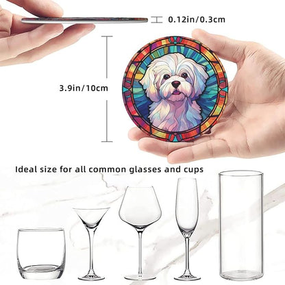 Maltese Stained Dog Breed Glass Art Leather Drinks Coasters