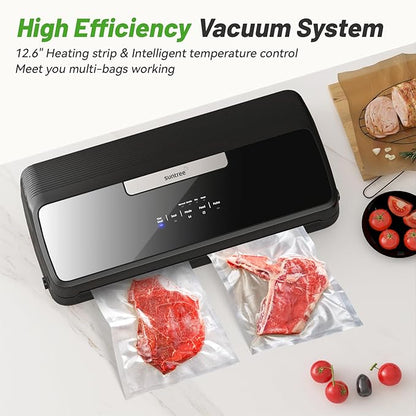 Vacuum Sealer Machine, 90Kpa 7-IN-1 Vacuum Sealer for Food Dry/Moist/Gentle Mode with Build-in Cutter and Storage, Food Vacuum Sealer Machine Tempered Glass Panel with Vacuum Bags, Vaccum Hose