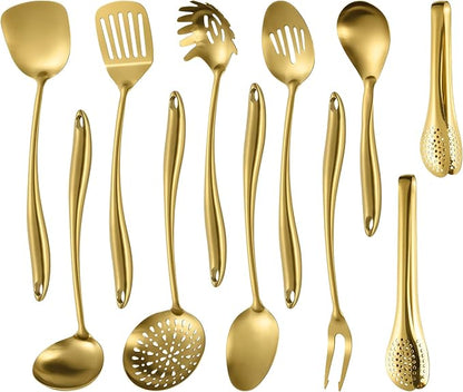 304 Stainless Steel Matte Kitchen Utensils Set, 11 Pcs Long Metal Cooking Utensils Set, Gold Cooking Utensils Set, Dishwasher Safe