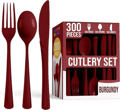 Party Solids Burgundy Plastic Silverware Heavy Duty 300 Pieces Burgundy Plastic Cutlery Sets, Utensil Sets, 100 Of Each Forks, Knives & Spoons Disposable Cutlery Set, Flatware Set For Party Supplies