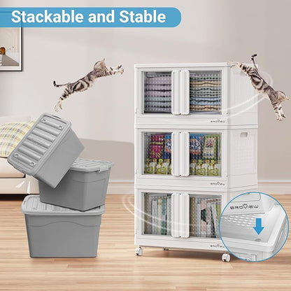 BROVIEW 300Qt Stackable Storage Bins with Lids, 75Gal Closet Organizers and Storage Drawer, Plastic Collapsible Storage Bins with Doors, Heavy Duty Store Box Cabinet for Home Kitchen, 3Pack White