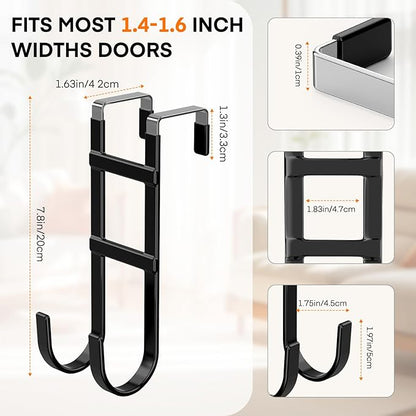 FYY Over The Door Hooks - 4 Pack Heavy Duty Dual-Hook Organizer Hanger with Non-Slip Rubber for Towels, Clothes, Hats & Bags Use in Bathroom, Bedroom, Kitchen - Fits Interior Doors Up to 1.6" Black