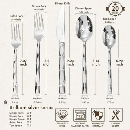 KINGSTONE Silverware Set, Luxury 20 Piece Flatware Set for 4, 18/10 Stainless Steel Cutlery Set with Diamond Cut Pattern for Kitchen, Home, Wedding, Party, Mirror Polished and Dishwasher Safe