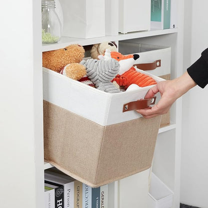 DULLEMELO 11 inch Cube Storage Bins,Fabric Storage Cubes for Organizing,Collapsible Foldable Linen Canvas Closet Storage Bins for Shelves Closet Bedroom Toys Home Office(White&Khaki)